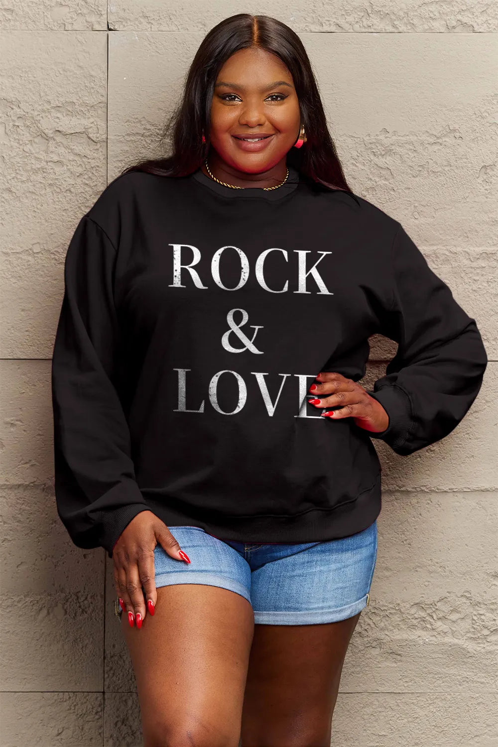 Simply Love Full Size ROCK ＆ LOVE Round Neck Sweatshirt - LoveNest Treasures