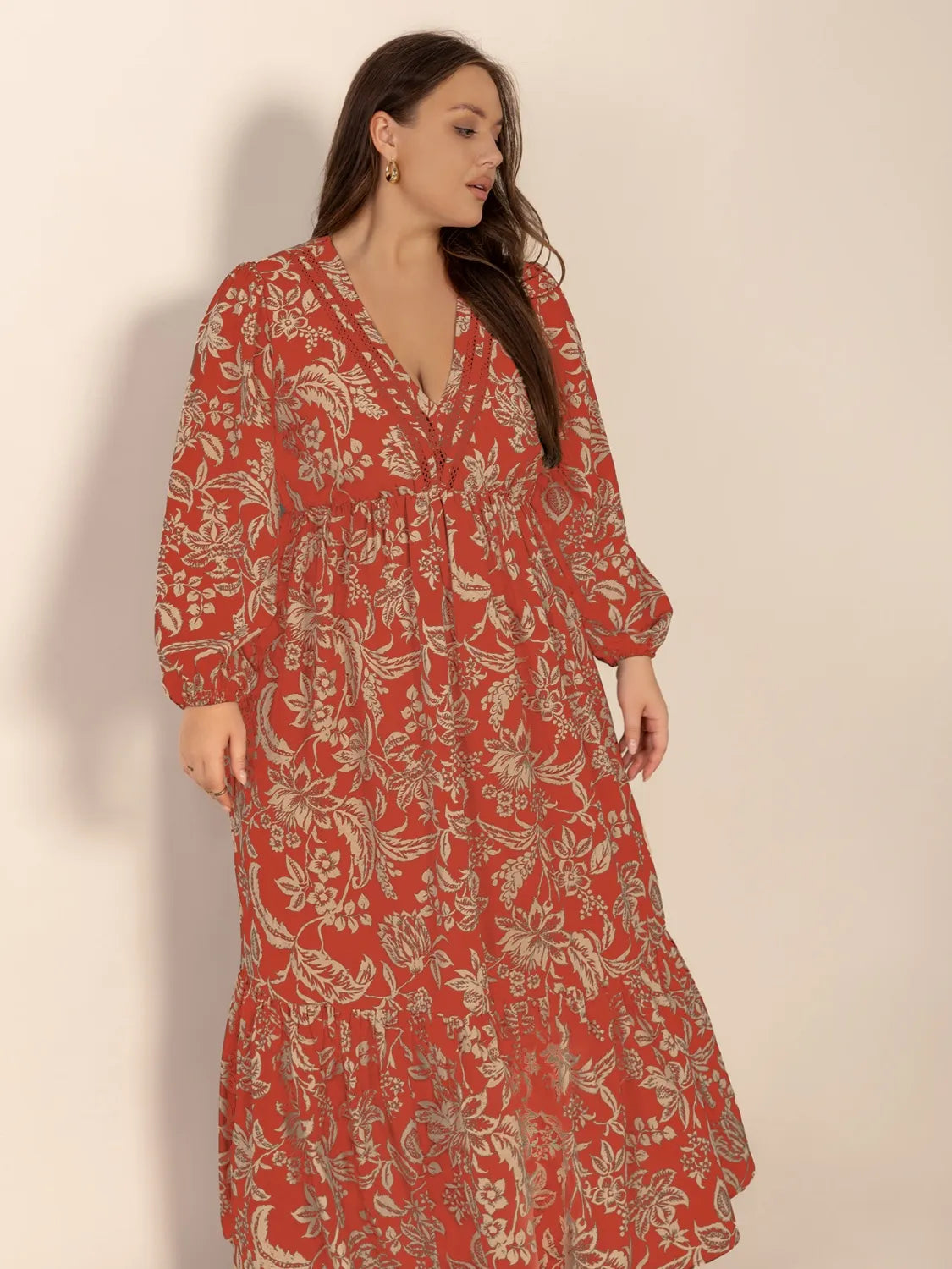 Plus Size Lace Detail Printed Balloon Sleeve Midi Dress - LoveNest Treasures