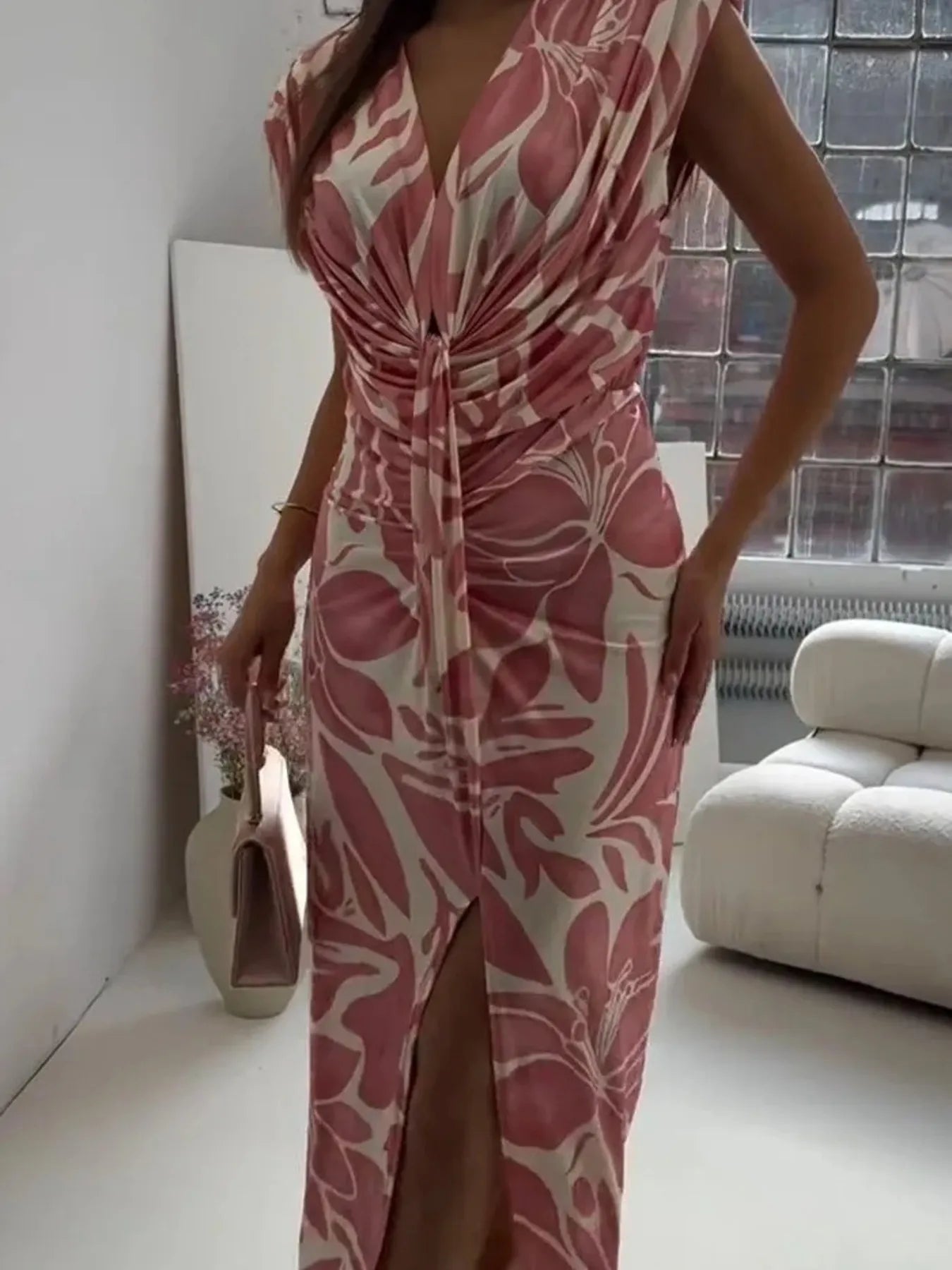 Full Size Slit Printed V-Neck Midi Dress Plus Size - LoveNest Treasures