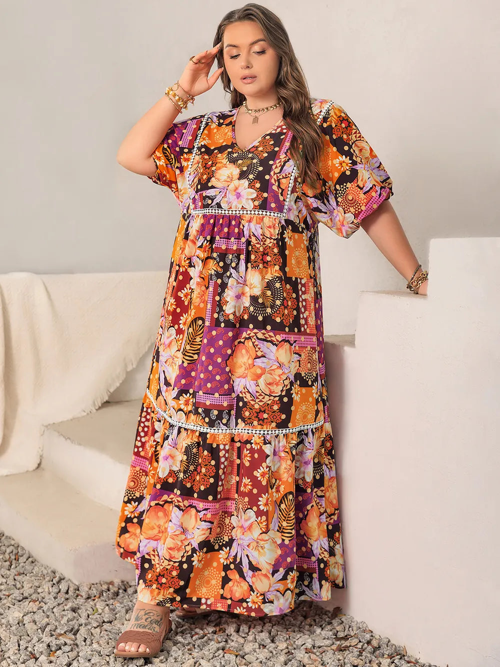 Plus Size Printed V-Neck Half Sleeve Maxi Dress - LoveNest Treasures