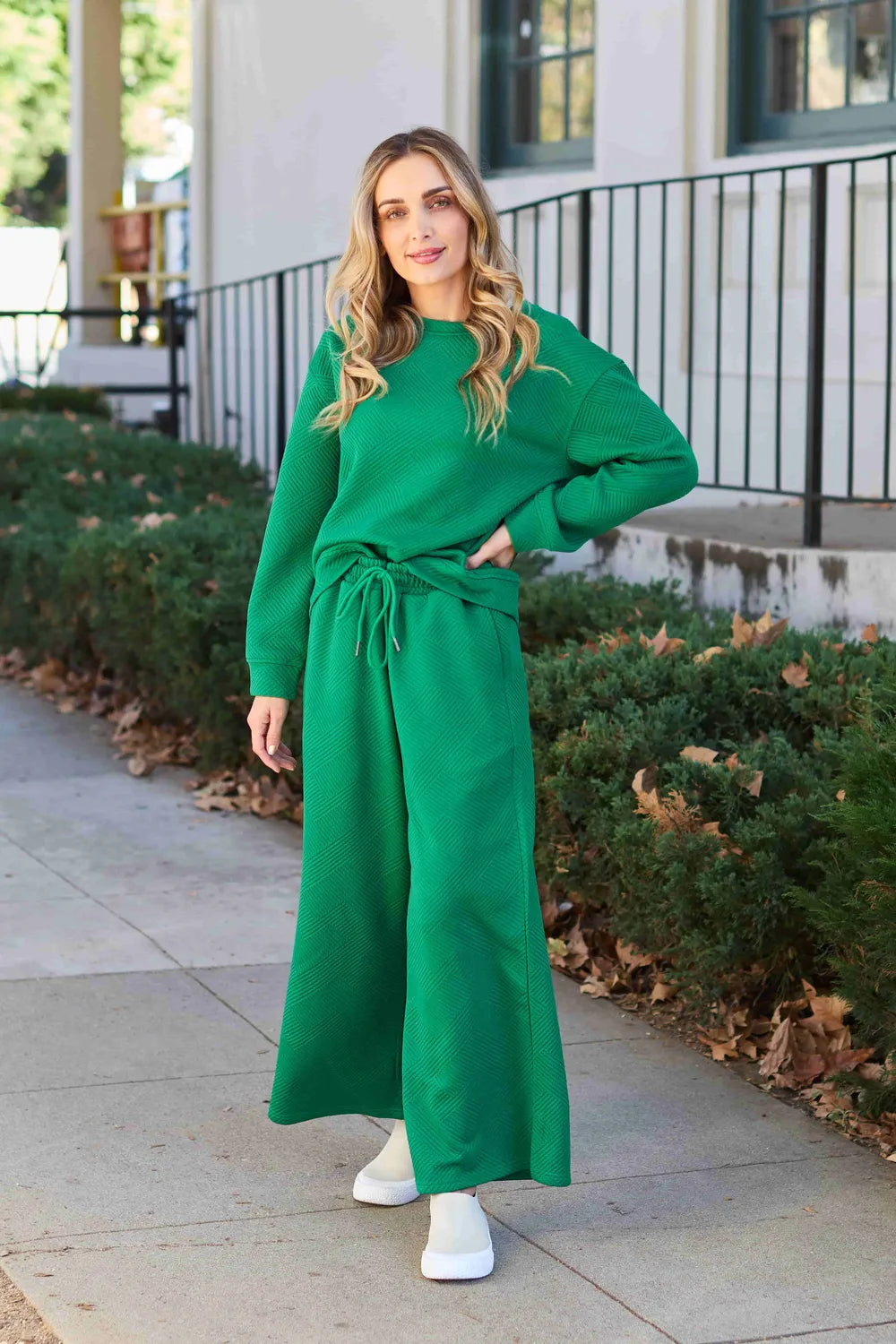 Double Take Full Size Textured Long Sleeve Top and Drawstring Pants Set - LoveNest Treasures