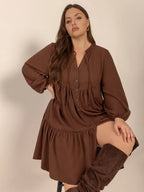 Plus Size Tie Neck Balloon Sleeve Tiered Dress - LoveNest Treasures
