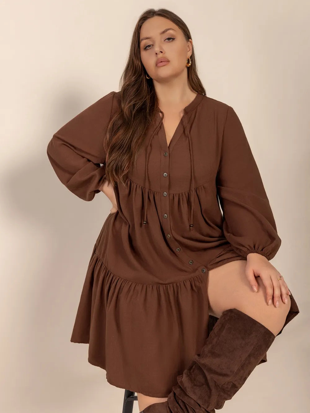 Plus Size Tie Neck Balloon Sleeve Tiered Dress - LoveNest Treasures