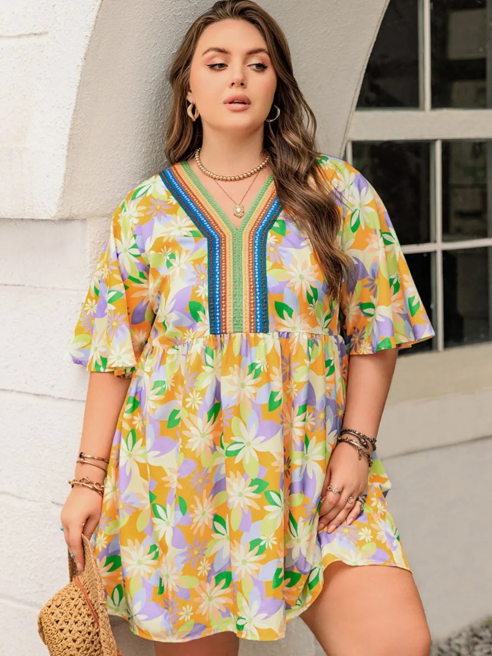 Plus Size Printed V-Neck Half Sleeve Mini Dress - LoveNest Treasures