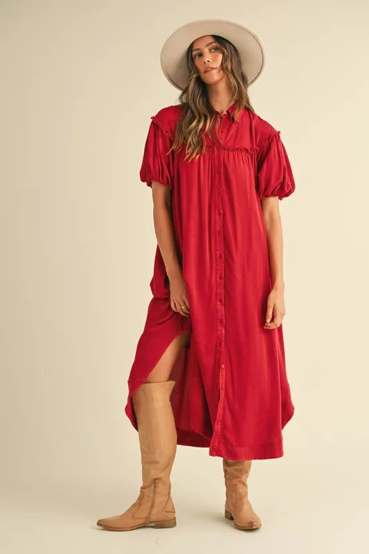Annie Wear Mineral Washed Button Down Puff Sleeve Shirt Dress - LoveNest Treasures