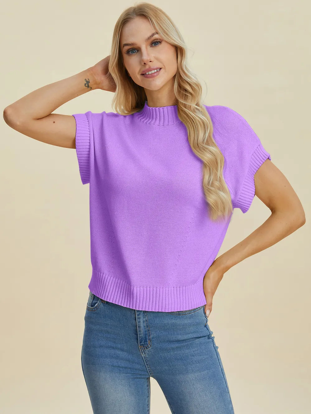 Double Take Full Size Mock Neck Short Sleeve Sweater - LoveNest Treasures