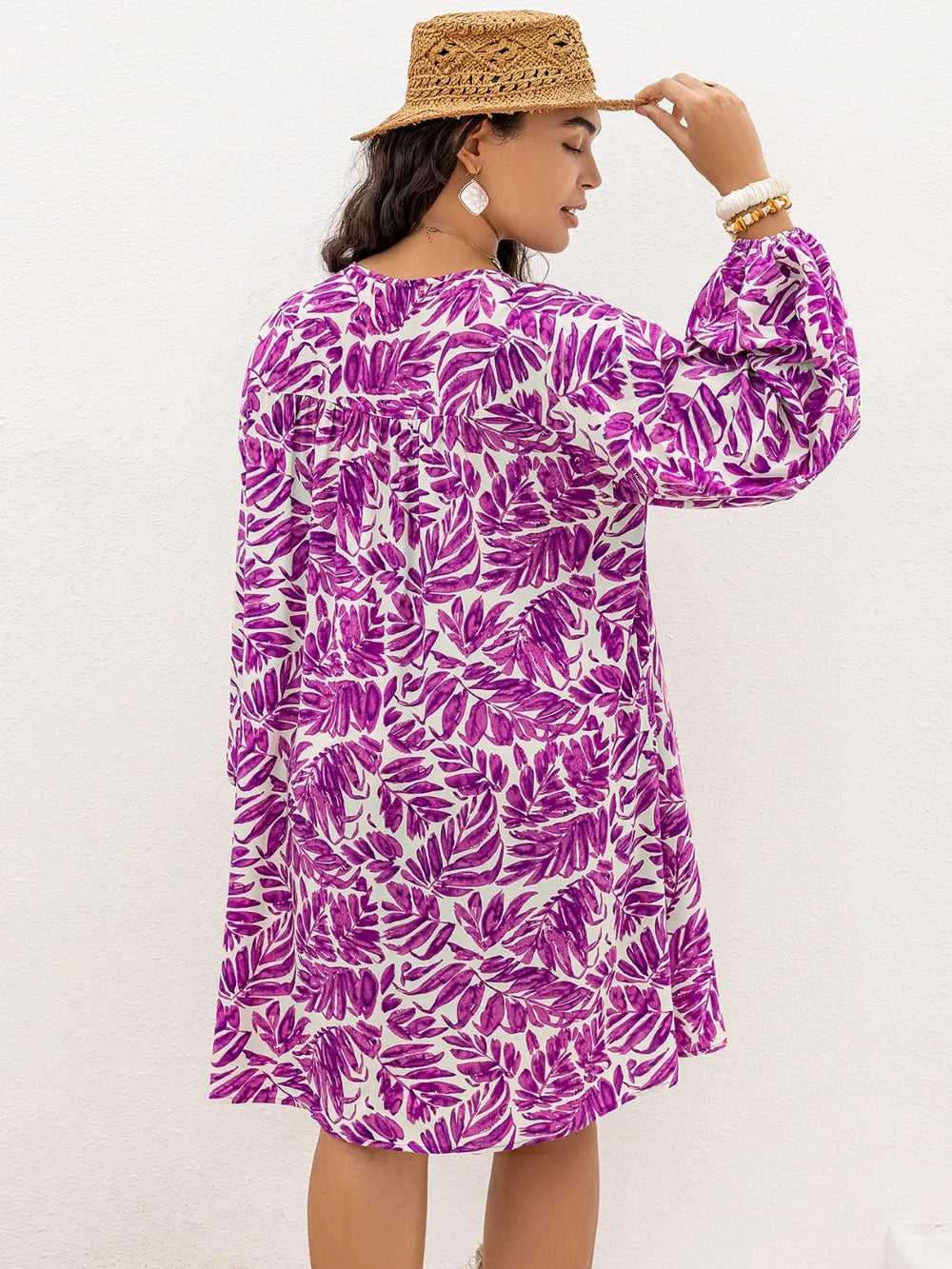 Plus Size Printed V-Neck Balloon Sleeve Mini Dress - LoveNest Treasures