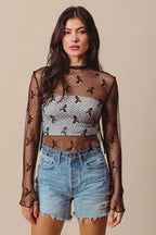 SO ME Bow Ribbon Pattern Sheer Lace Top - LoveNest Treasures