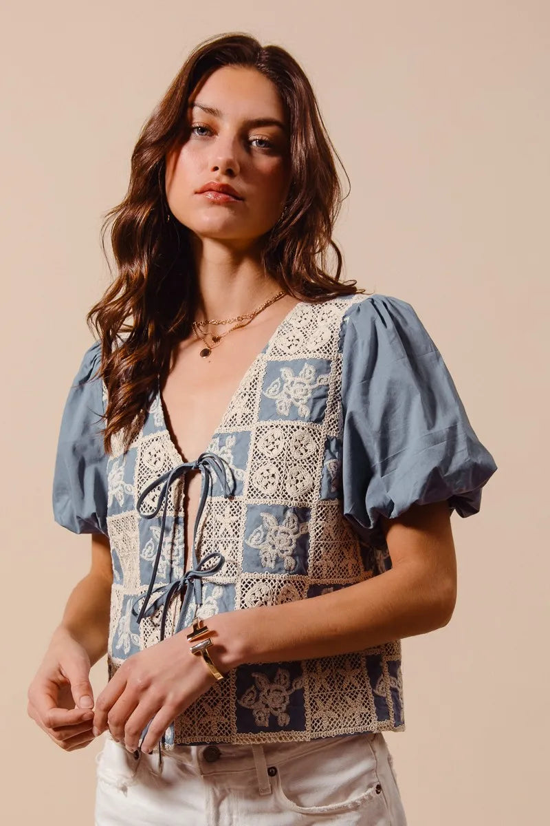 SO ME Crochet Lace Tie Front V Neck Blouse Top - LoveNest Treasures