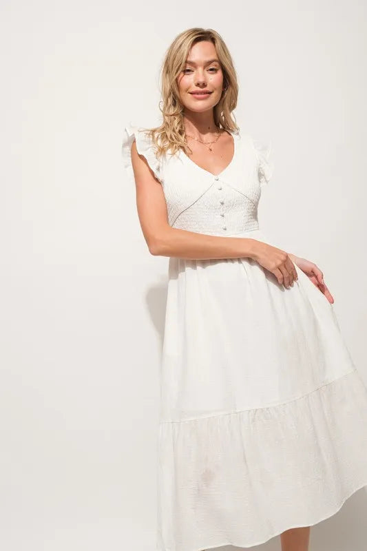 And The Why Ruffle Sleeve Front Smocked Tiered Midi Dress - LoveNest Treasures