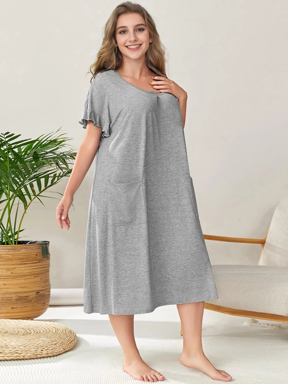 Plus Size Round Neck Short Sleeve Lounge Dress - LoveNest Treasures