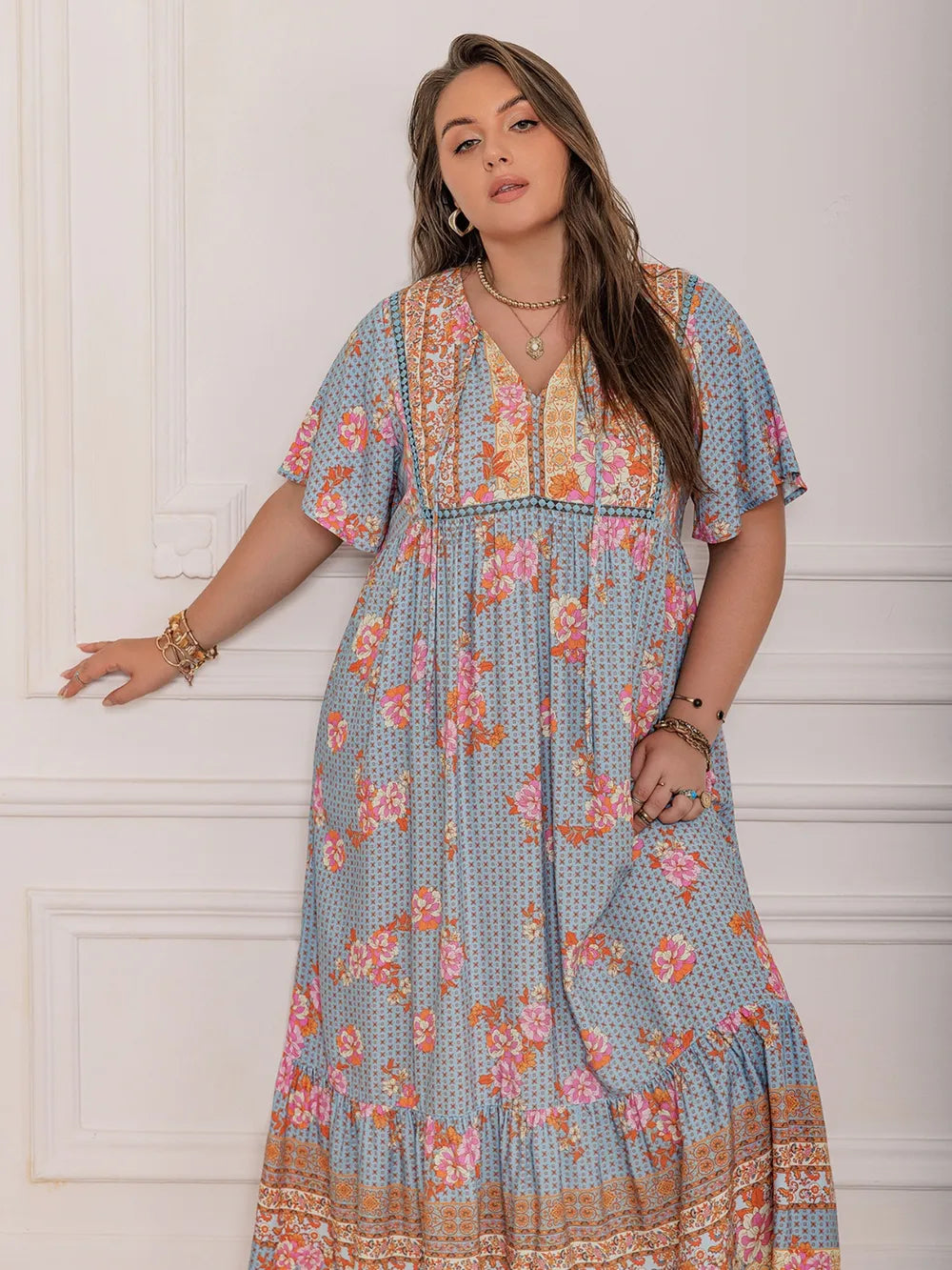 Plus Size Printed Tie Neck Flutter Sleeve Maxi Dress - LoveNest Treasures