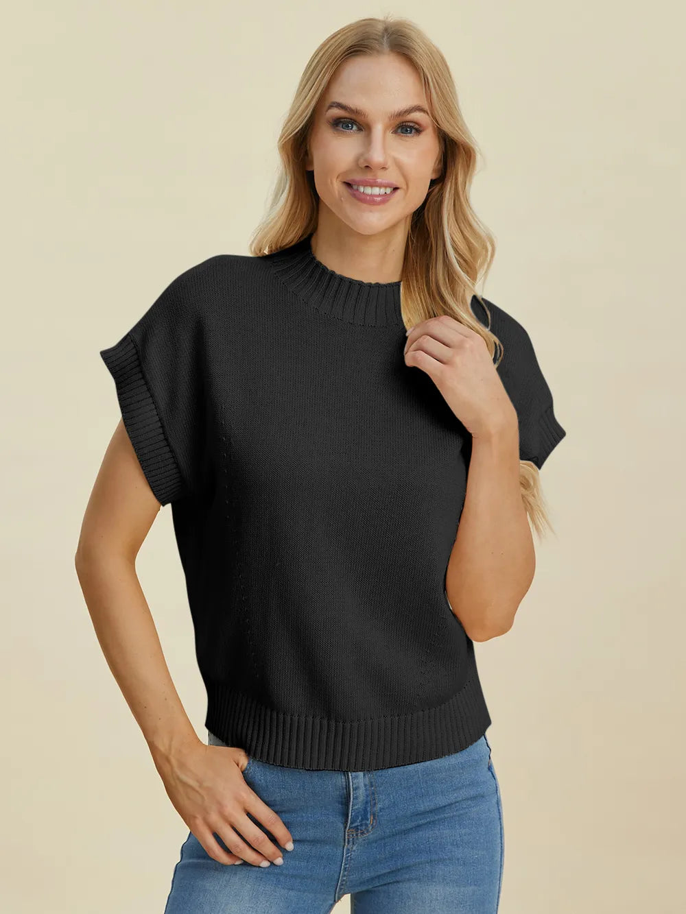 Double Take Full Size Mock Neck Short Sleeve Sweater - LoveNest Treasures