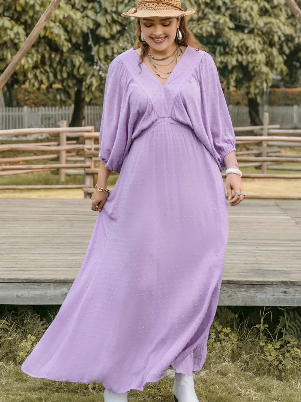 Plus Size Swiss Dot V-Neck Midi Dress - LoveNest Treasures