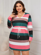 Honey Plus Size Striped V-Neck Long Sleeve Mini Dress - LoveNest Treasures