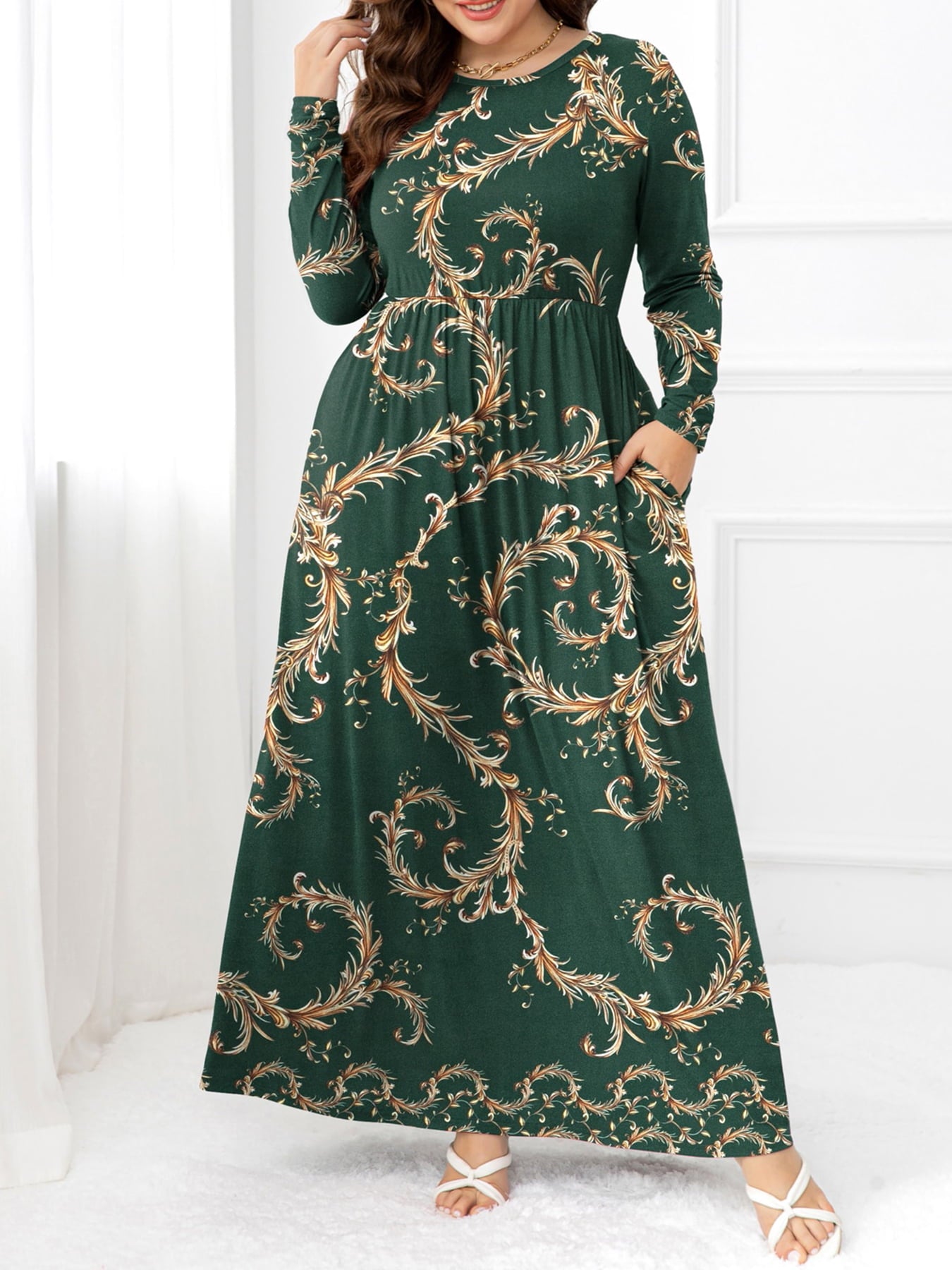 Plus Size Round Neck Maxi Dress with Pockets - LoveNest Treasures