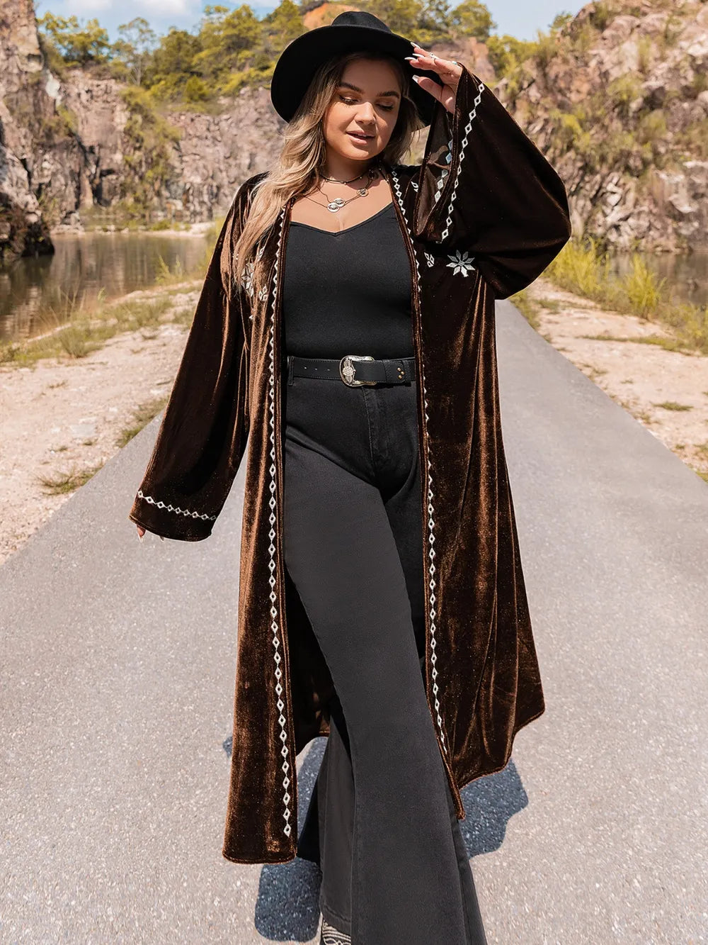 Plus Size Embroidery Open Front Long Sleeve Cardigan - LoveNest Treasures