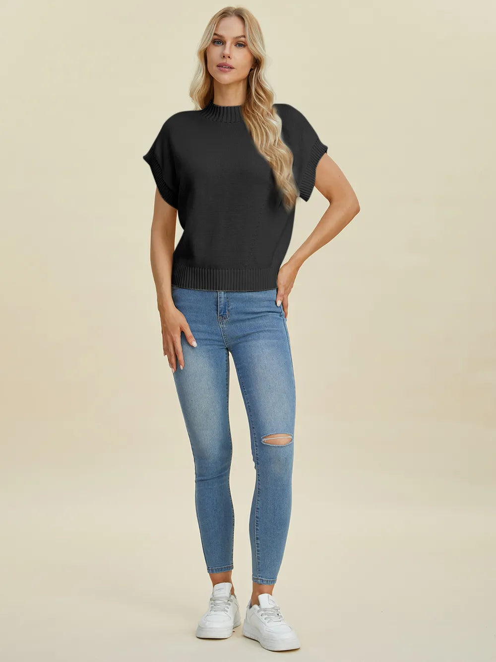 Double Take Full Size Mock Neck Short Sleeve Sweater - LoveNest Treasures