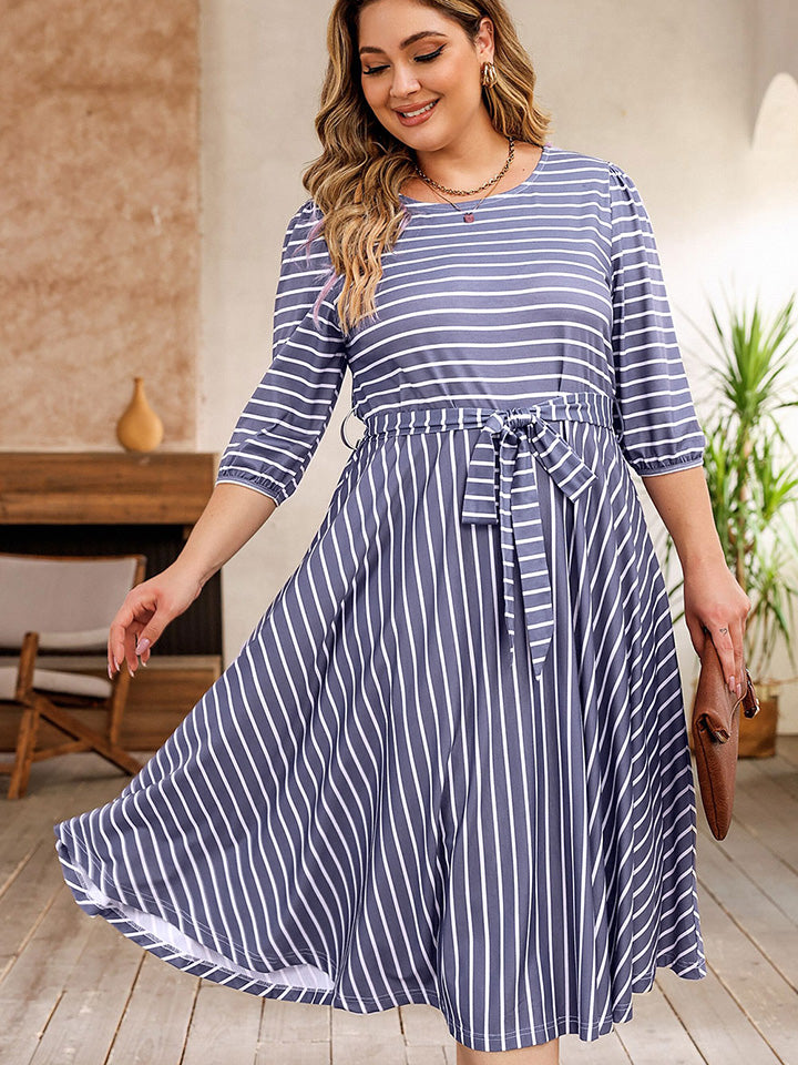 Plus Size Round Neck Striped Tie Waist Dress - LoveNest Treasures