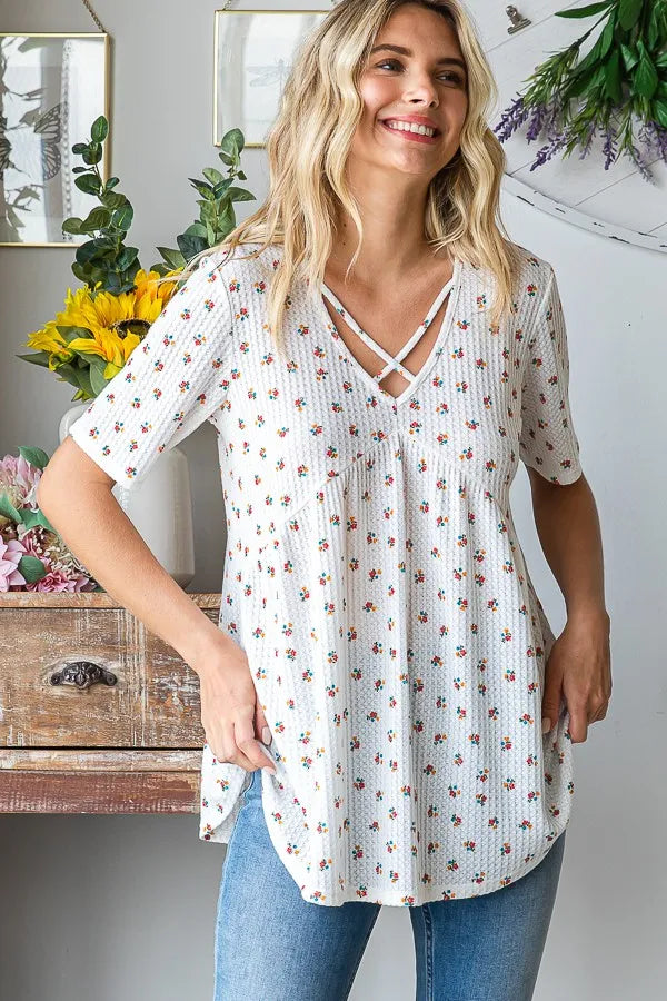 Heimish Full Size Crisscross Ditsy Floral Babydoll Top Plus Size - LoveNest Treasures