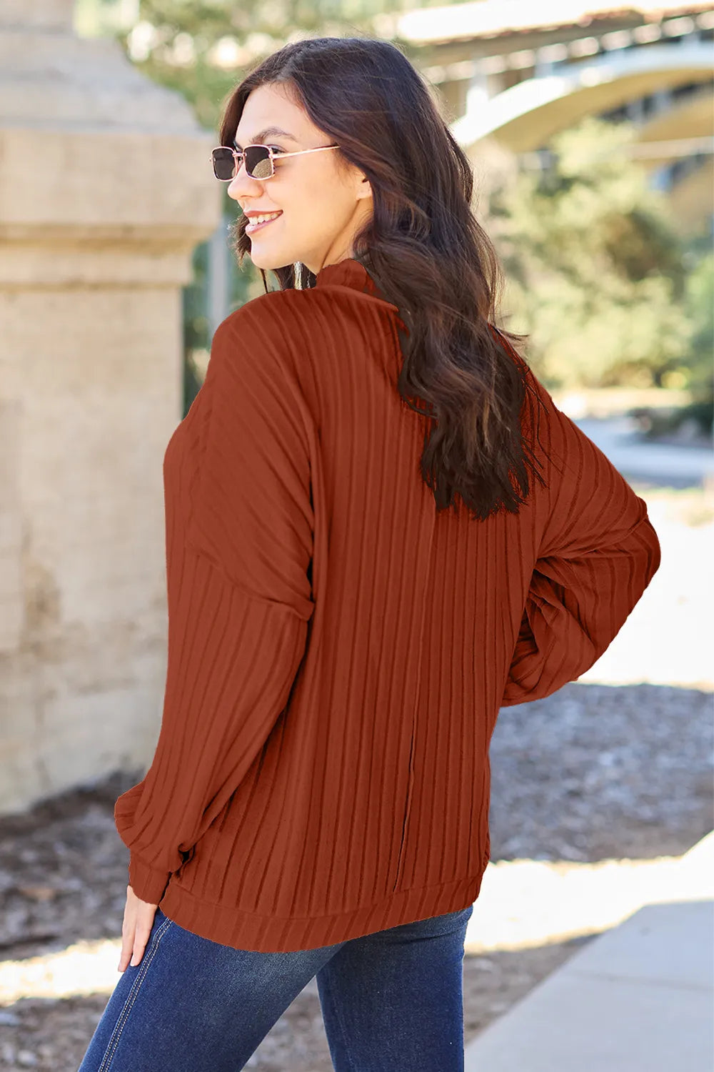 Basic Bae Full Size Ribbed Exposed Seam Mock Neck Knit Top - LoveNest Treasures