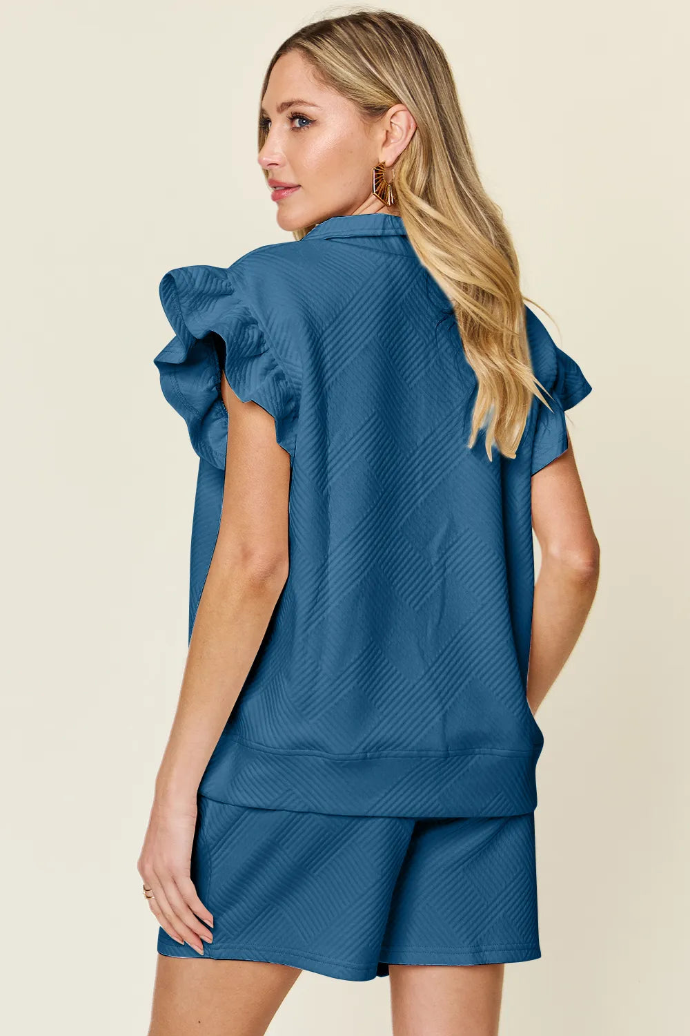 Double Take Full Size Texture Flounce Sleeve Top and Drawstring Shorts Set - LoveNest Treasures