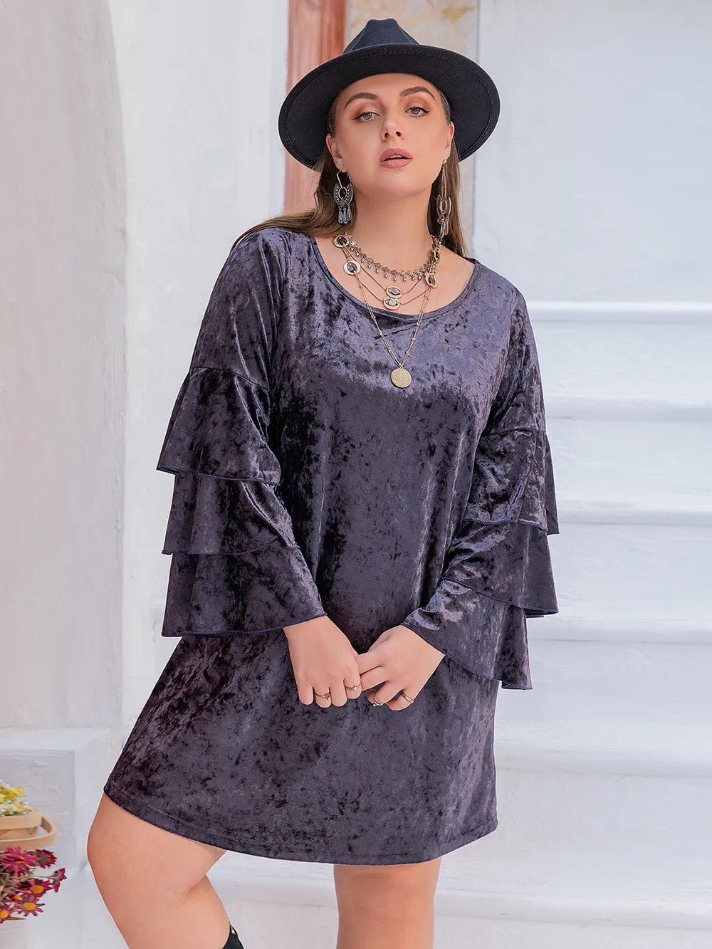 Plus Size Round Neck Flounce Sleeve Mini Dress - LoveNest Treasures