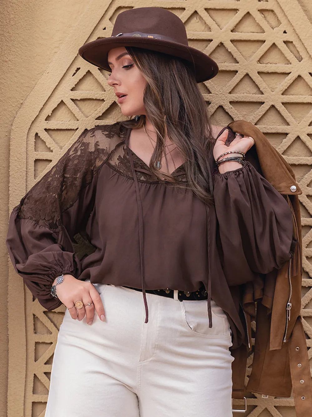 Plus Size Lace Detail Tie Neck Long Sleeve Blouse - LoveNest Treasures