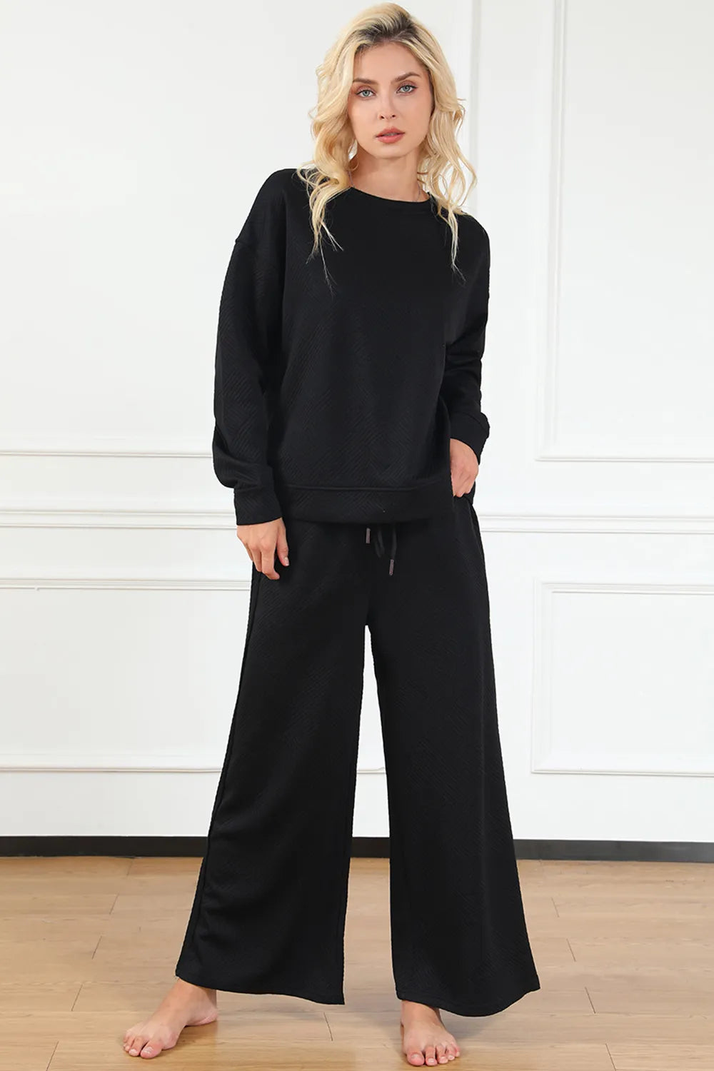 Double Take Full Size Textured Long Sleeve Top and Drawstring Pants Set - LoveNest Treasures