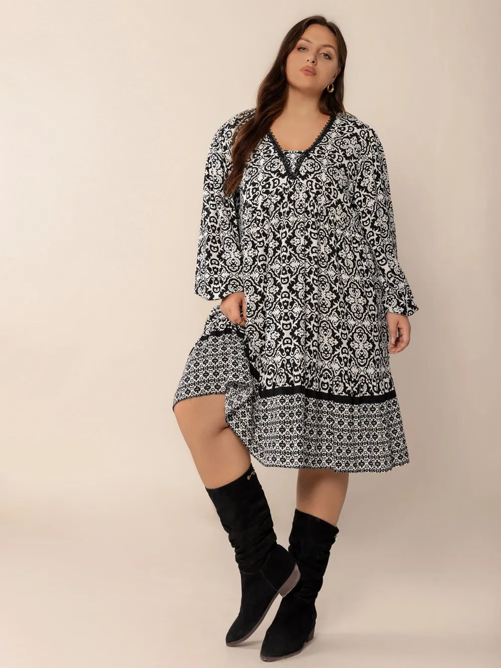 Plus Size Lace Detail Printed Balloon Sleeve Dress - LoveNest Treasures
