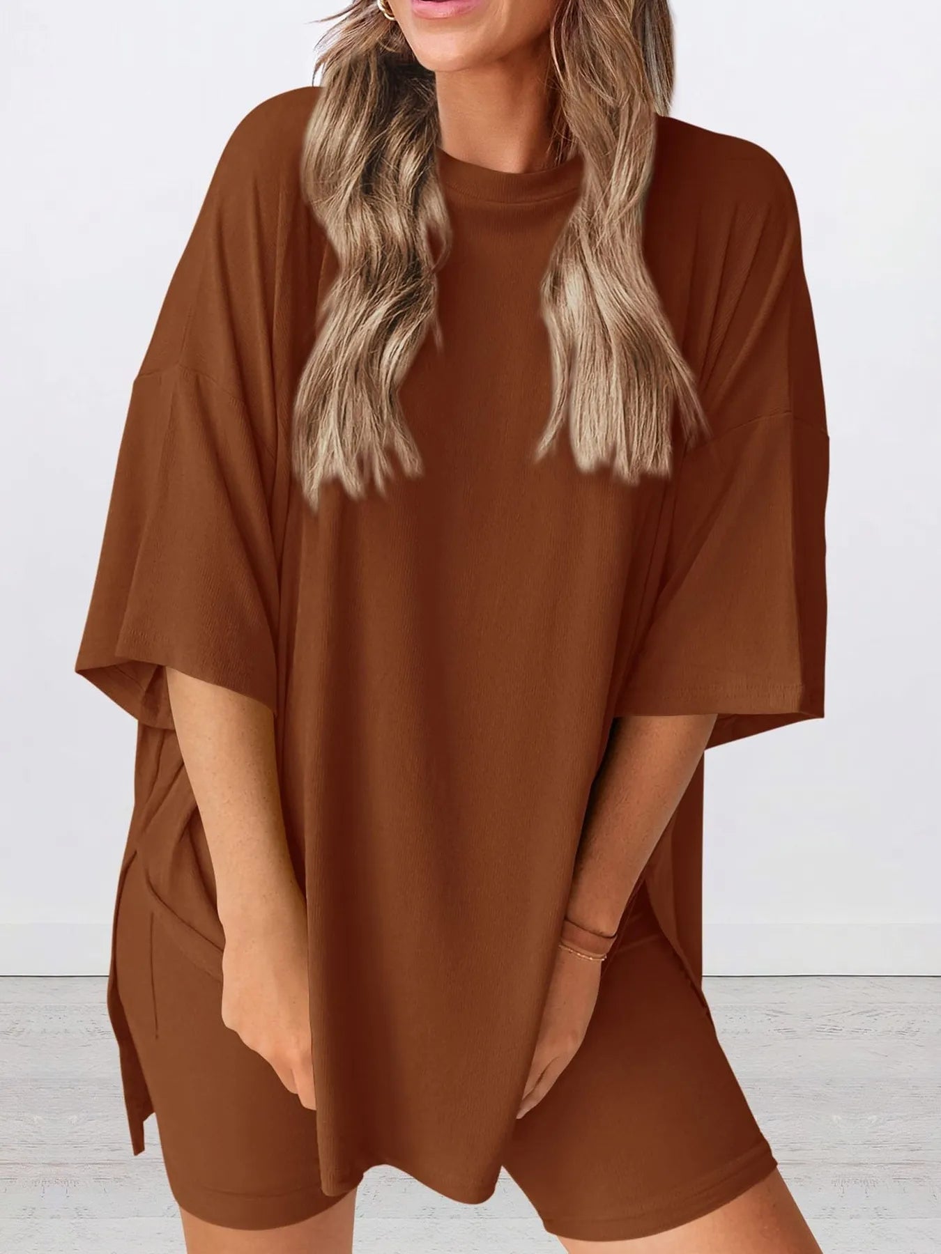 Full Size Oversized Round Neck Top and Shorts Set Plus Size - LoveNest Treasures
