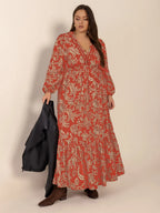 Plus Size Lace Detail Printed Balloon Sleeve Midi Dress - LoveNest Treasures