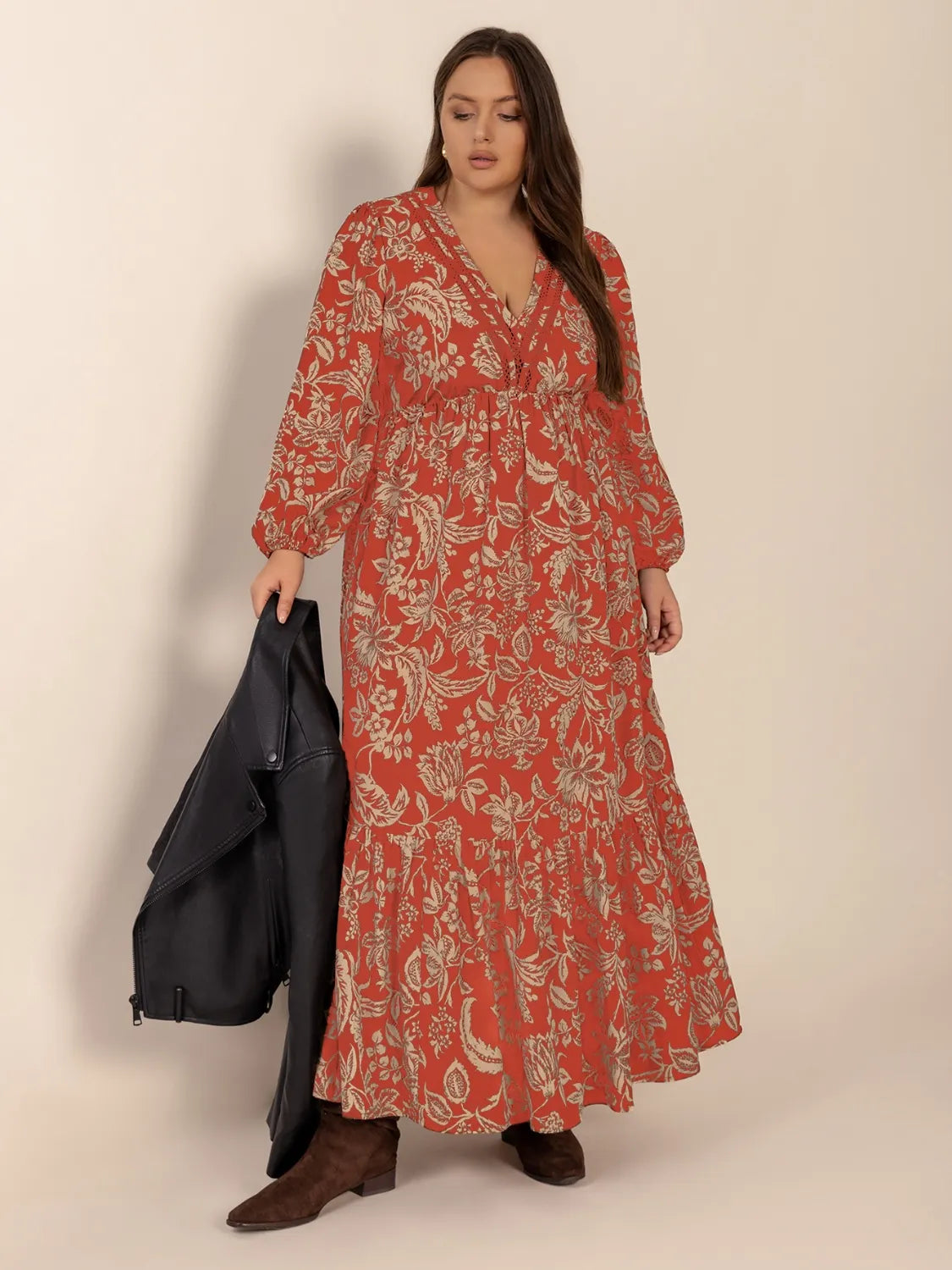 Plus Size Lace Detail Printed Balloon Sleeve Midi Dress - LoveNest Treasures