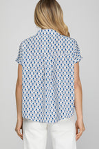 She + Sky Full Size Printed Johnny Collar Short Sleeve Blouse Plus Size - LoveNest Treasures