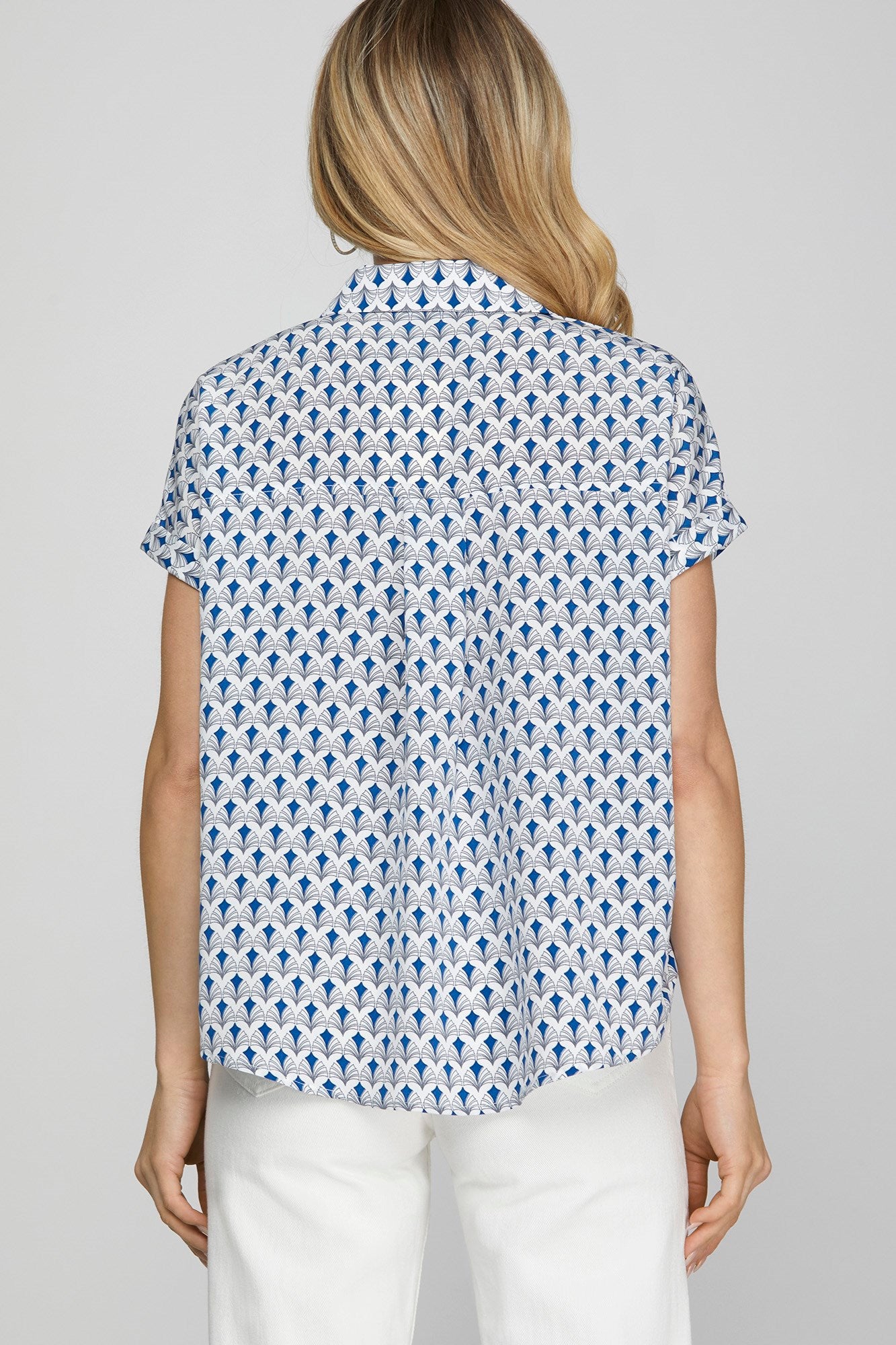 She + Sky Full Size Printed Johnny Collar Short Sleeve Blouse Plus Size - LoveNest Treasures