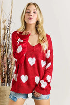 ADORA Full Size Heart V-Neck Knit Top Plus Size - LoveNest Treasures