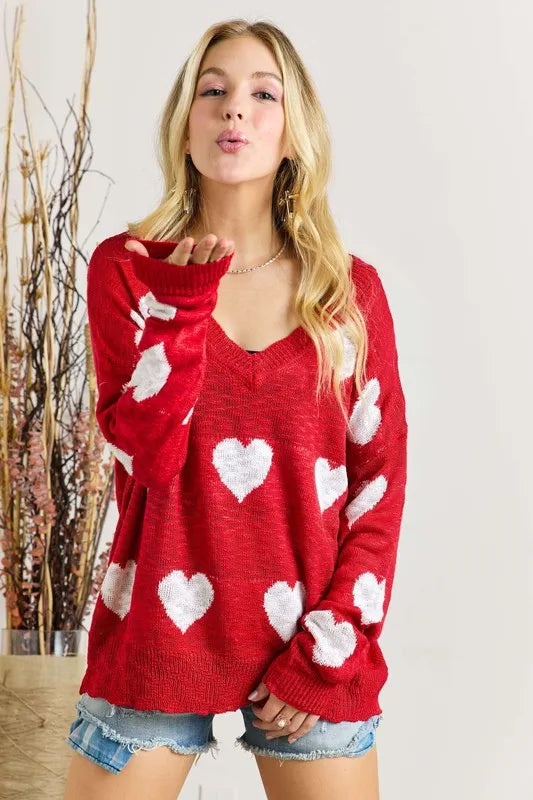 ADORA Full Size Heart V-Neck Knit Top Plus Size - LoveNest Treasures