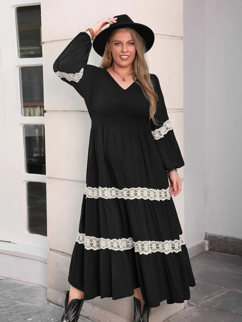 Plus Size Lace Detail V-Neck Long Sleeve Midi Dress - LoveNest Treasures