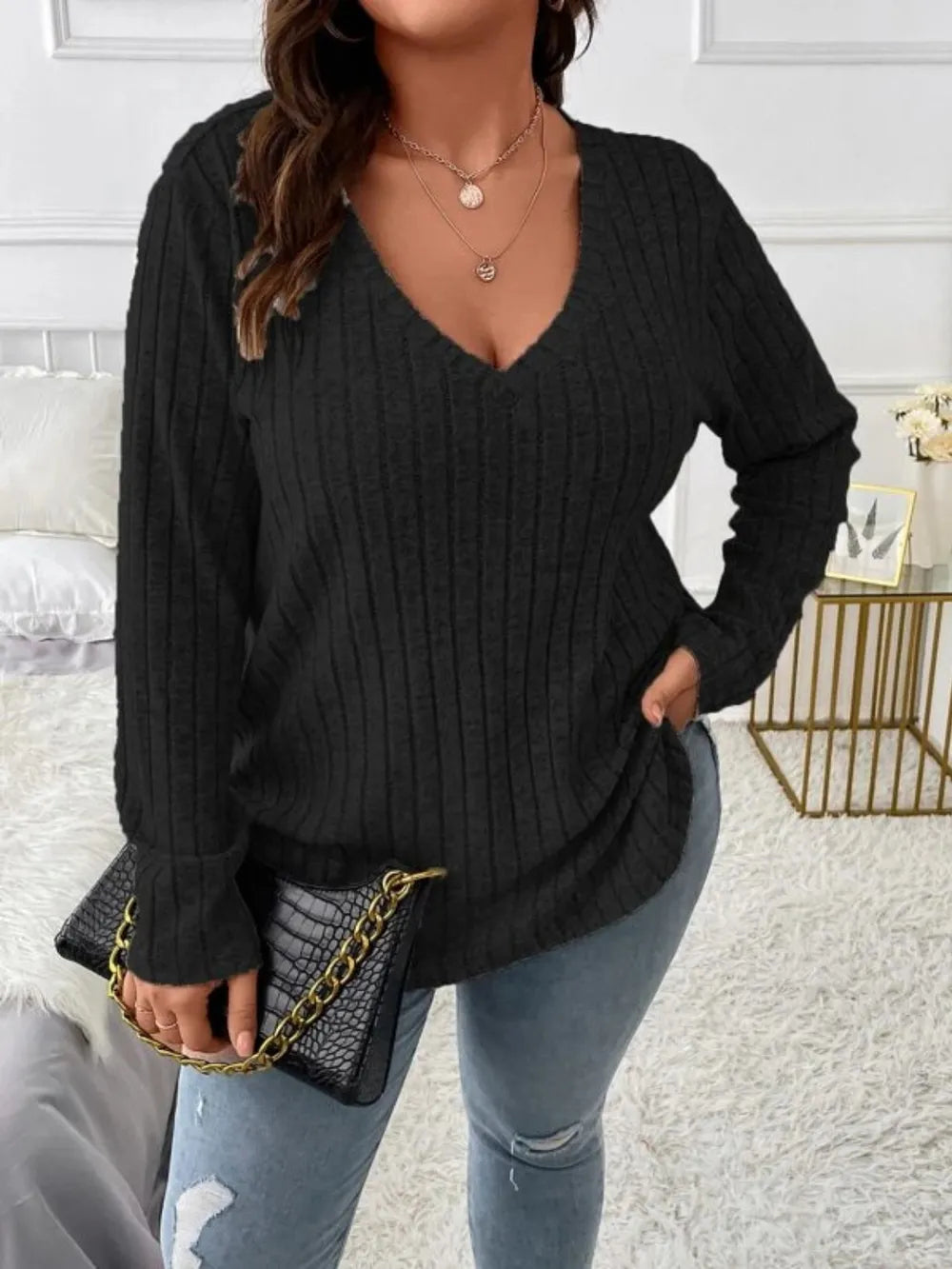Plus Size V-Neck Long Sleeve T-Shirt - LoveNest Treasures