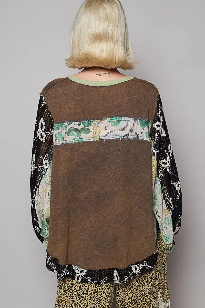 POL Button Detail Floral Patchwork Crochet Sleeve Blouse - LoveNest Treasures