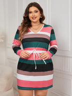 Honey Plus Size Striped V-Neck Long Sleeve Mini Dress - LoveNest Treasures
