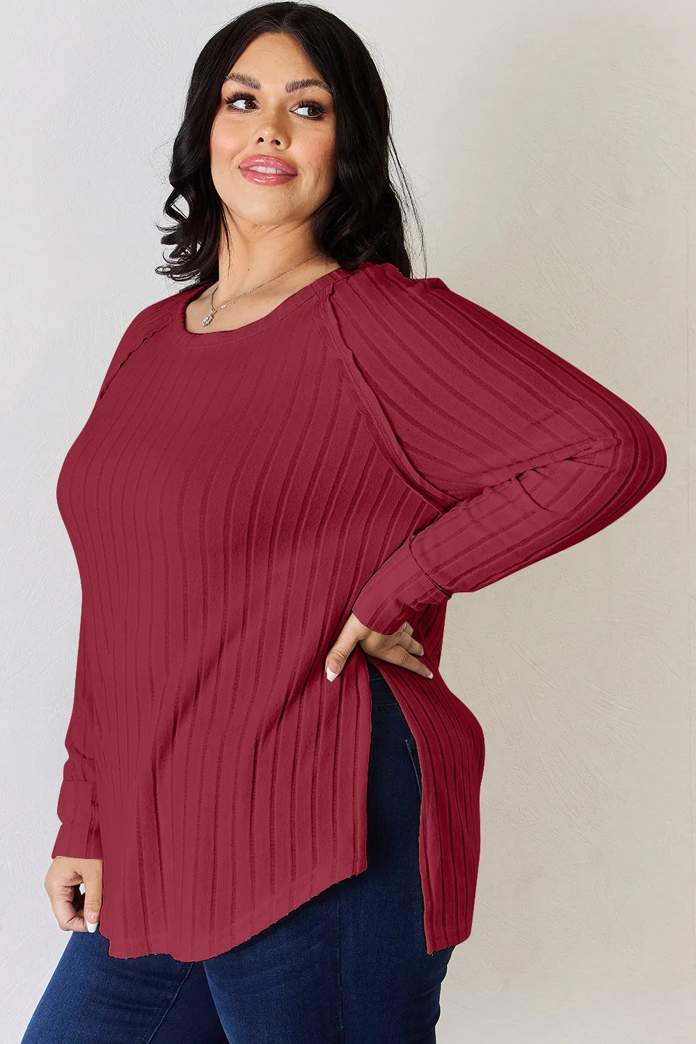 Basic Bae Full Size Ribbed Round Neck Slit T-Shirt - LoveNest Treasures