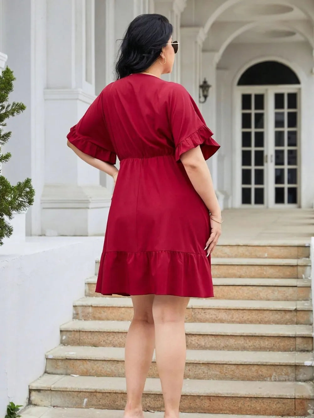 Plus Size Ruched Surplice Flounce Sleeve Mini Dress - LoveNest Treasures