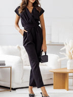 Surplice Cap Sleeve Tie Waist Jumpsuit - LoveNest Treasures
