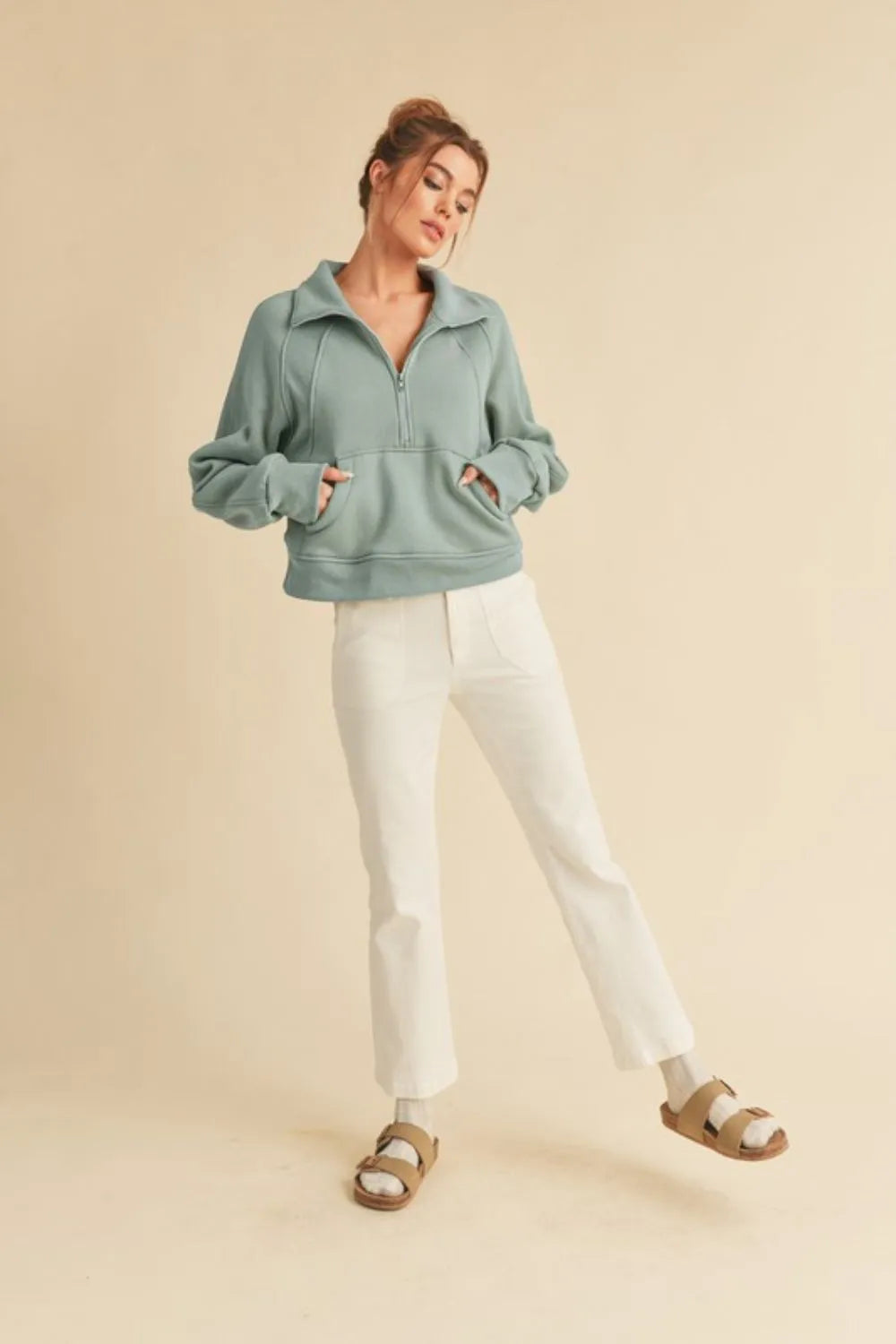 Aemi + Co Half Zip Raglan Sleeve Sweatshirt with Kangaroo Pocket - LoveNest Treasures