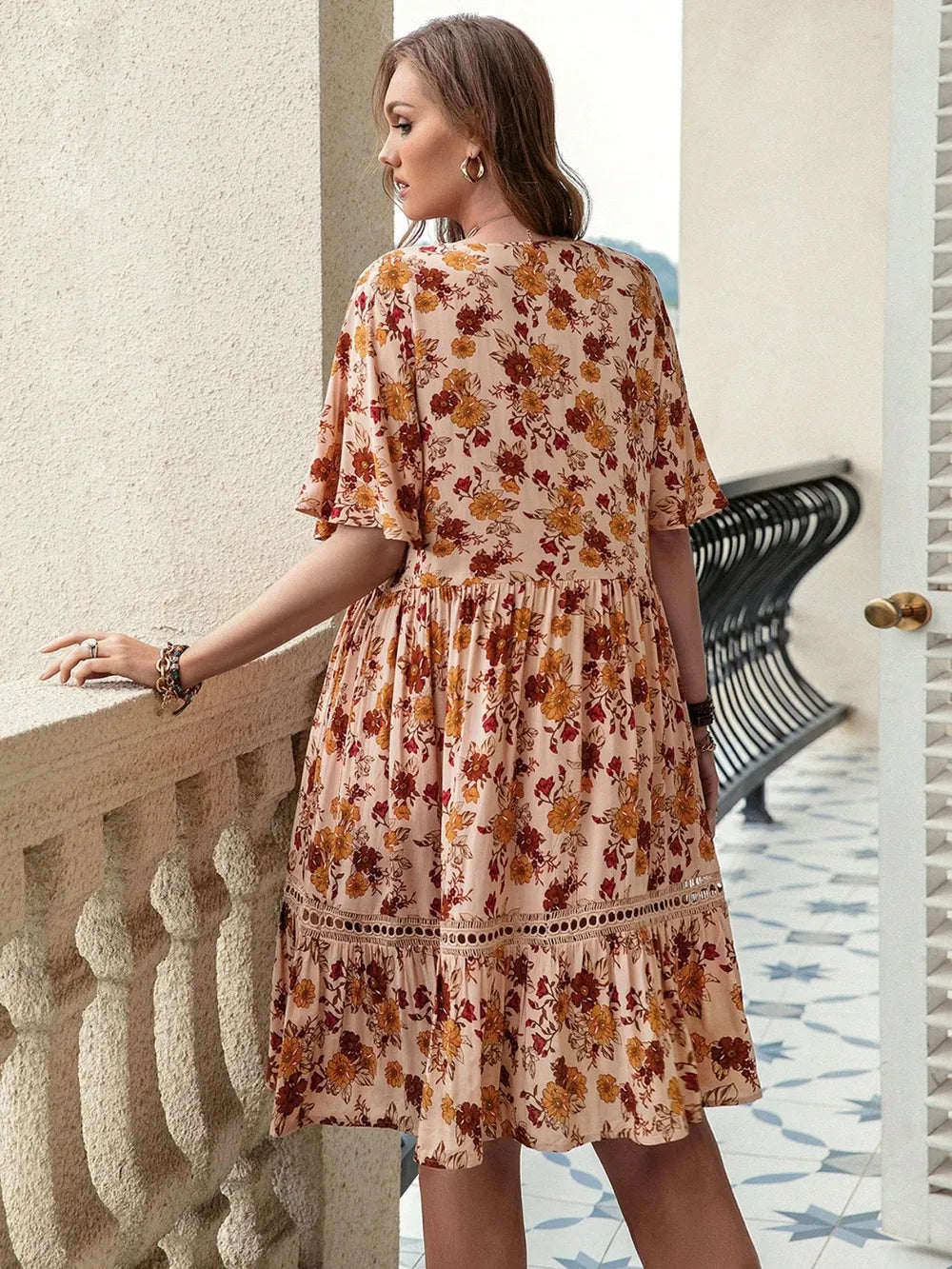 Plus Size Floral Crochet Flutter Sleeve Dress - LoveNest Treasures
