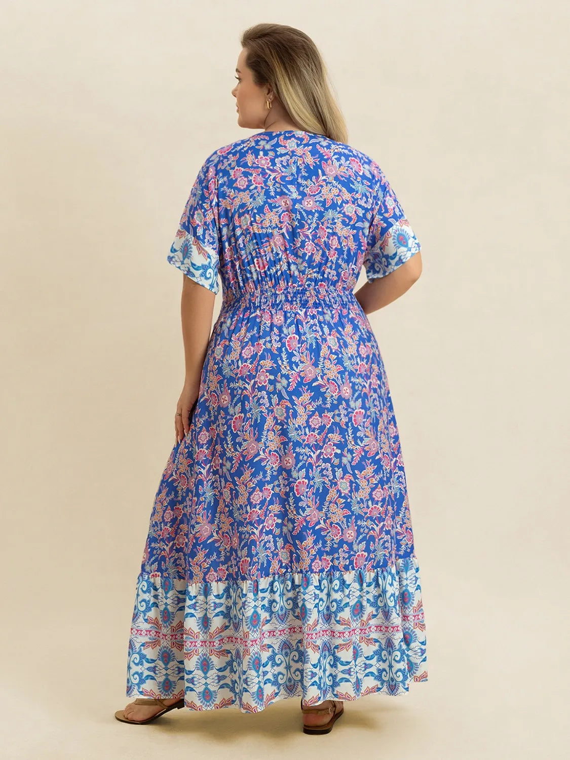 Plus Size Smocked Printed Half Sleeve Midi Dress - LoveNest Treasures