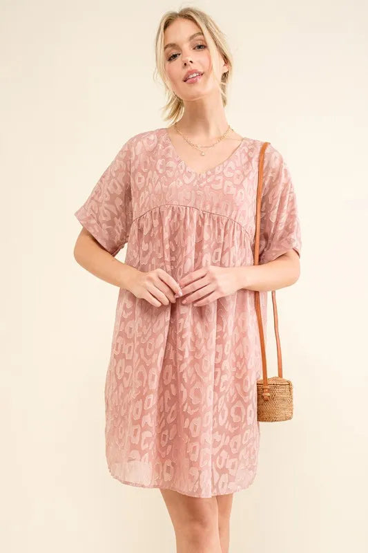 And The Why Woven Leopard Baby Doll Roll-Sleeve Casual Dress - LoveNest Treasures