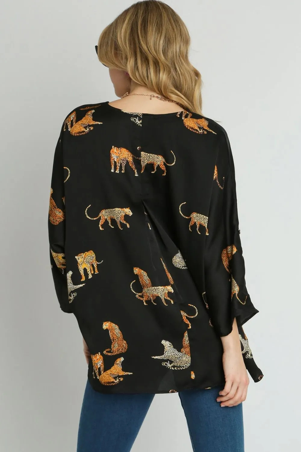Umgee Full Size High-Low Satin Animal Print V-Neck Blouse Plus Size - LoveNest Treasures