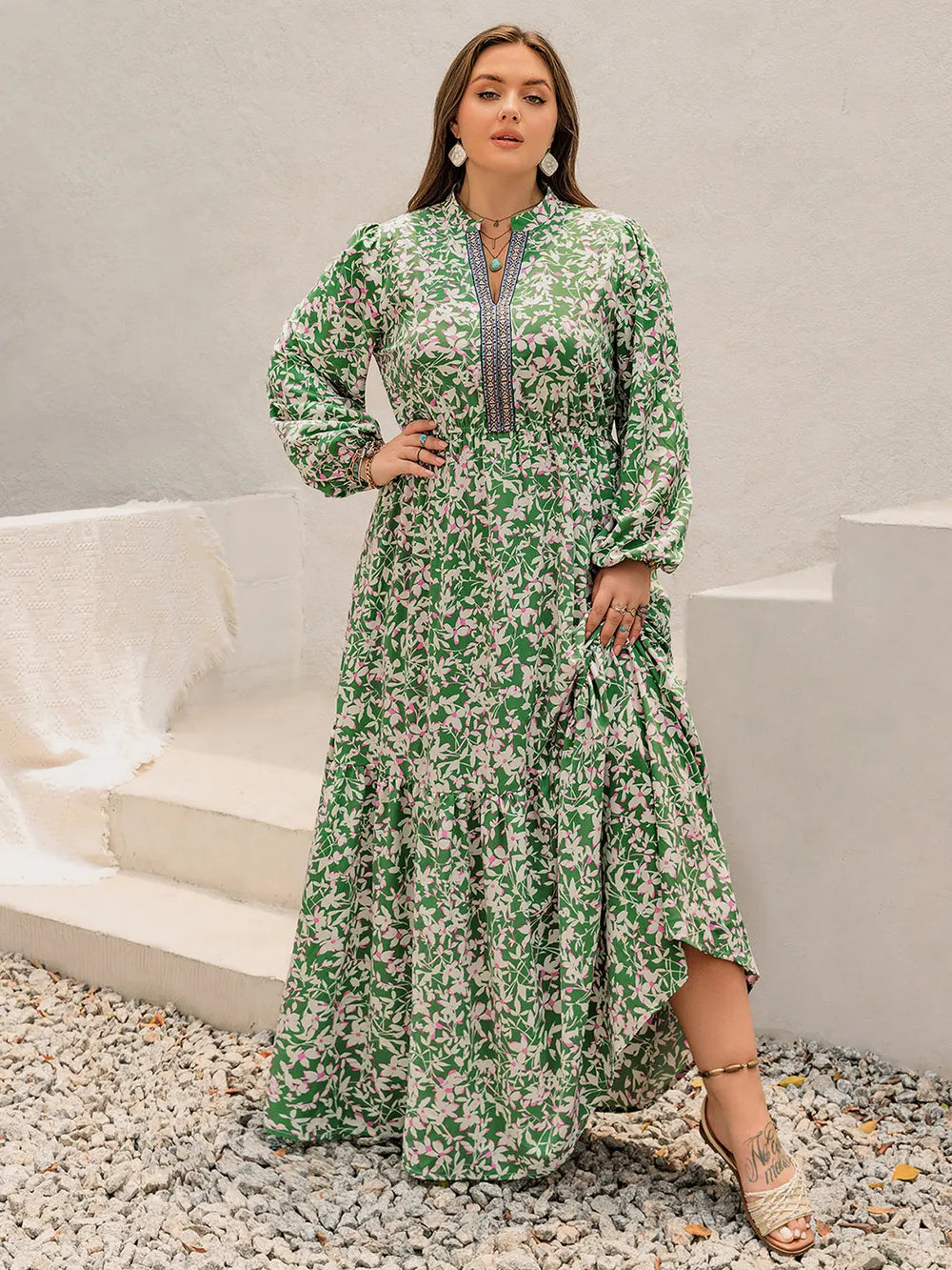 Plus Size Printed Notched Long Sleeve Maxi Dress - LoveNest Treasures